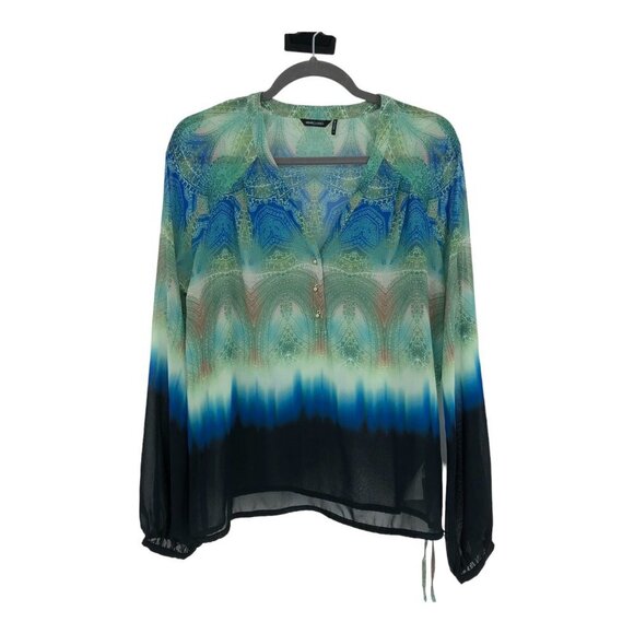 NWT Marciano paisley patterned green blue ombre long sleeve button neck top S - Picture 2 of 16
